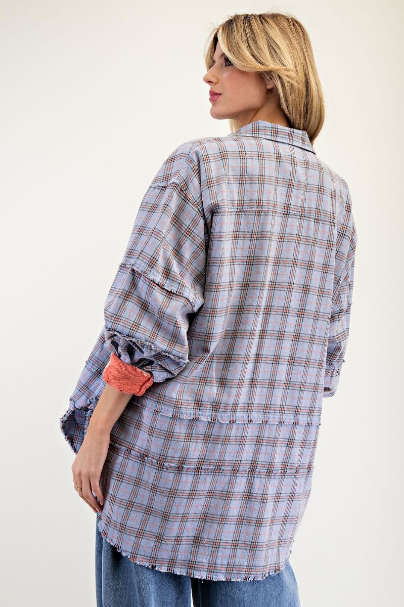 Moonstone MINERAL WASHED PLAID SHIRT-Peri Blue