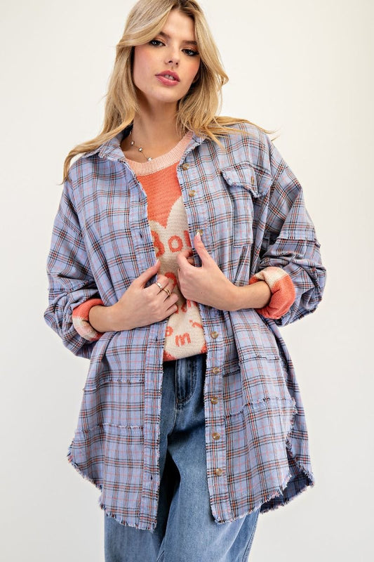 Moonstone MINERAL WASHED PLAID SHIRT-Peri Blue