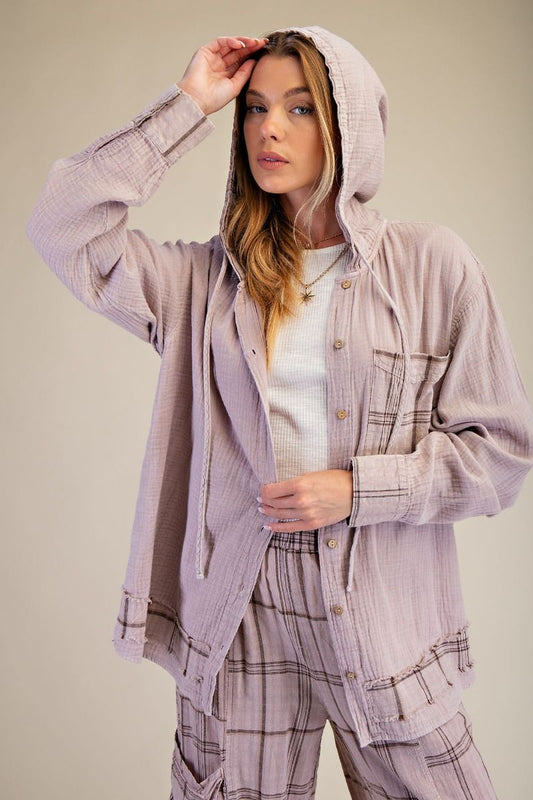 PLAID WASHED COTTON GAUZE PULLOVER HOODIE-Dusty Lavender