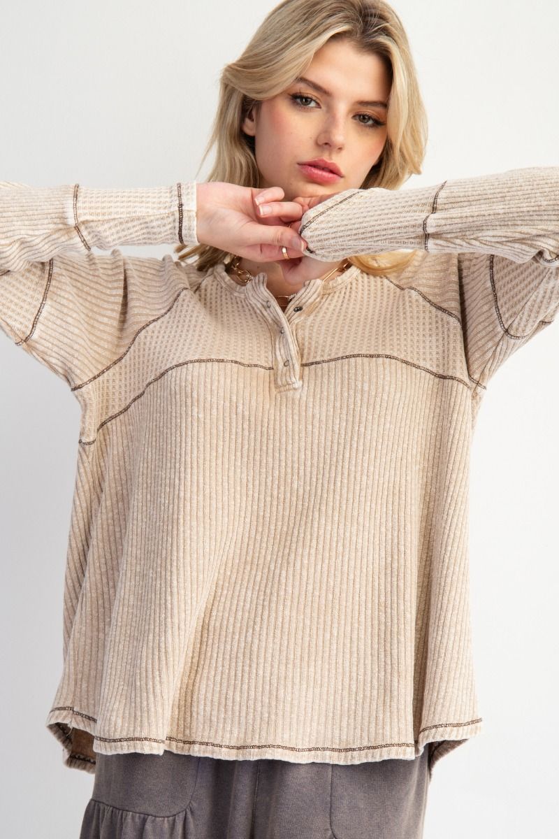 Josie WASHED THERMAL &amp; HENLEY KNIT TUNIC-Khaki