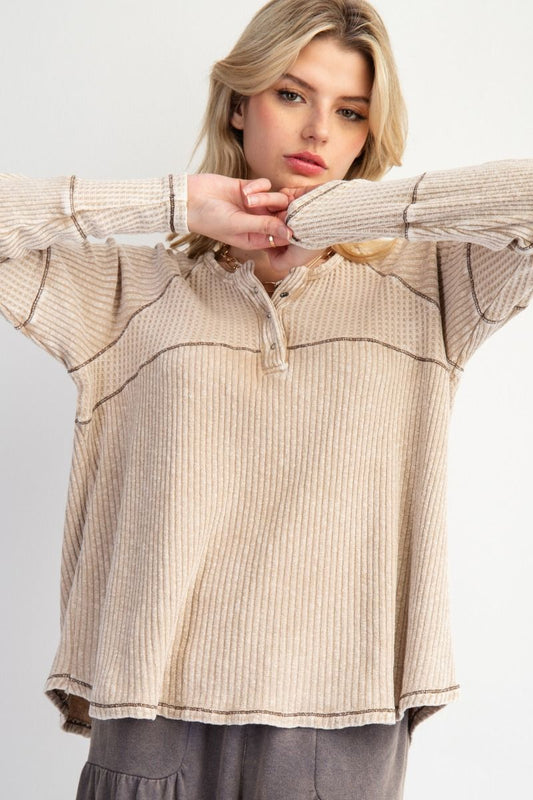 Josie WASHED THERMAL &amp; HENLEY KNIT TUNIC-Khaki