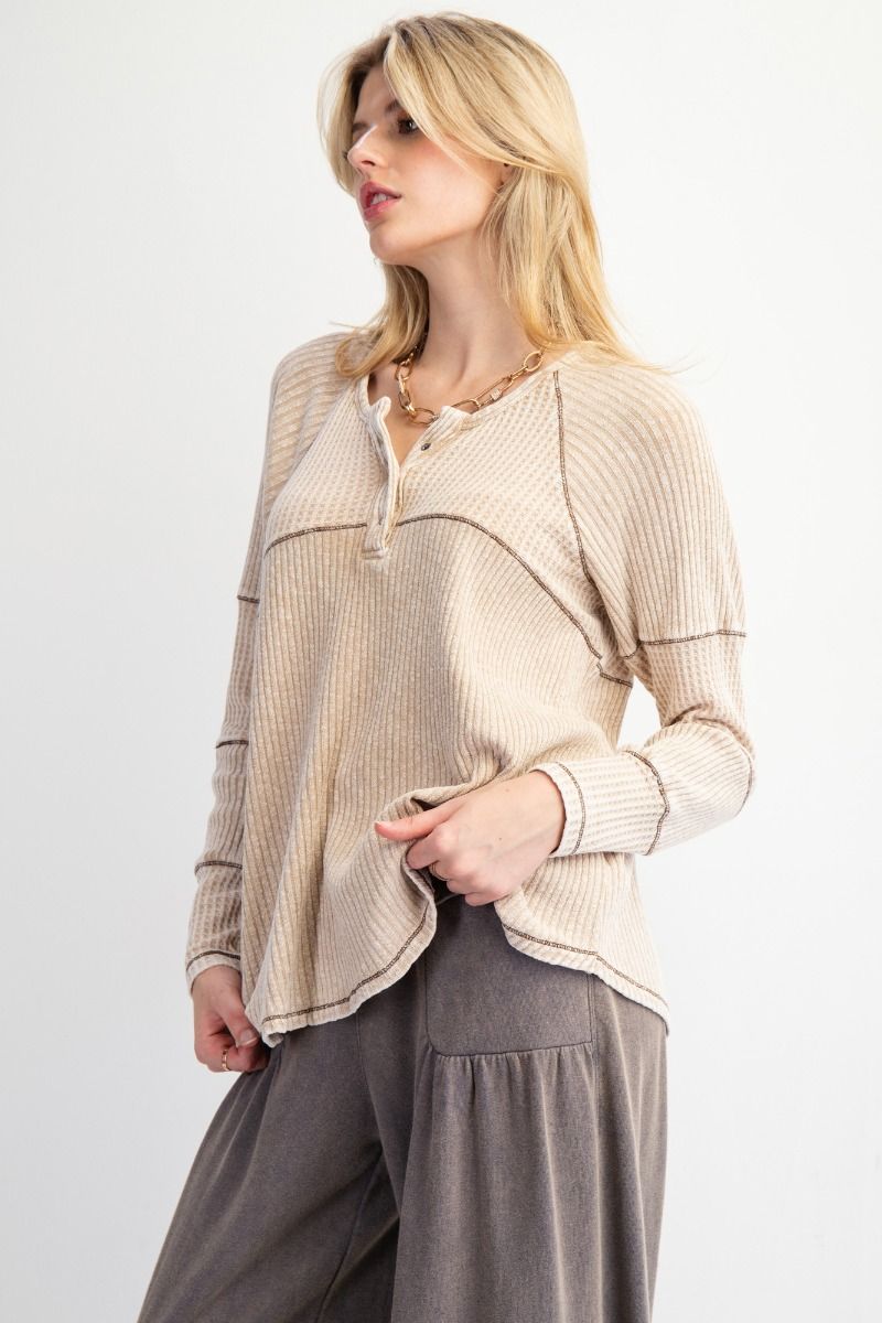 Josie WASHED THERMAL &amp; HENLEY KNIT TUNIC-Khaki