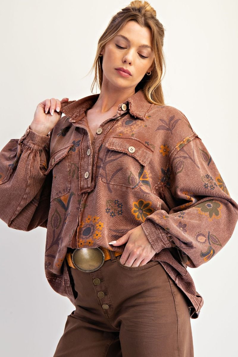 FLORAL PRINTED WASHED TERRY PULLOVER SHIRT-Chocolate