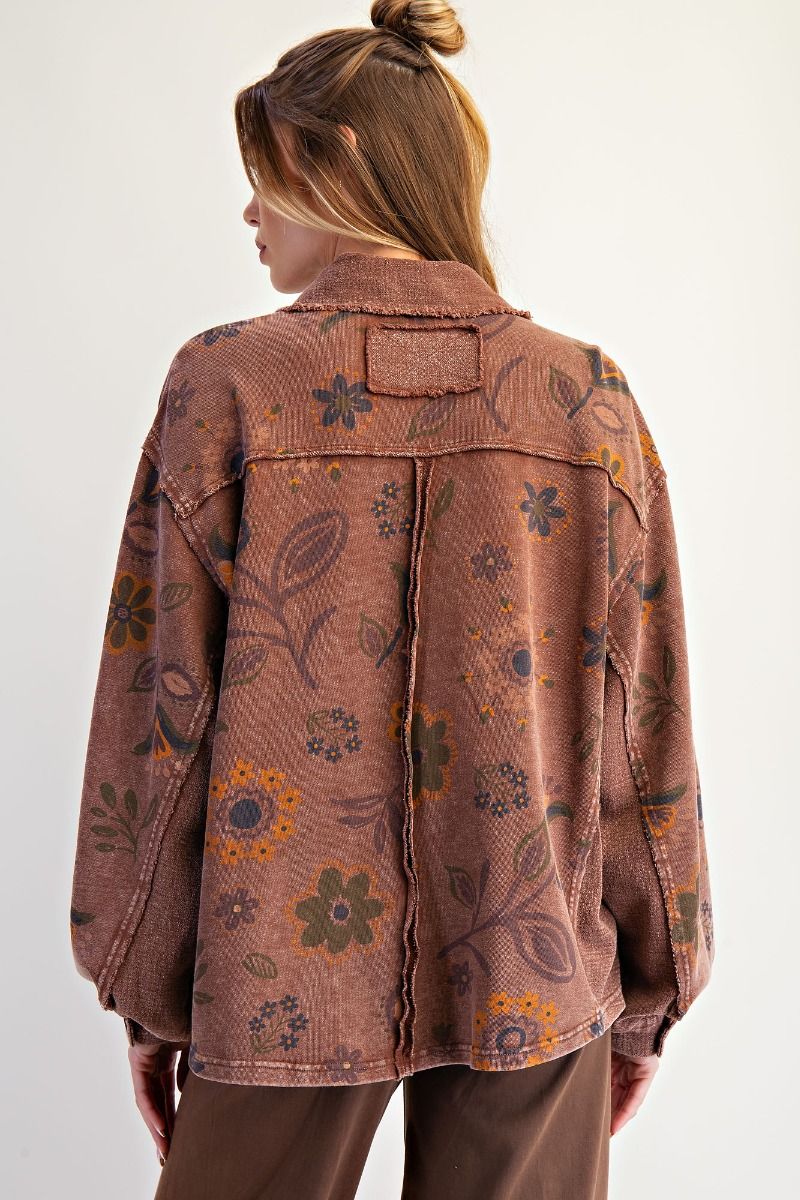 FLORAL PRINTED WASHED TERRY PULLOVER SHIRT-Chocolate