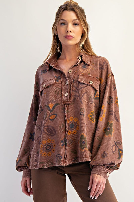 FLORAL PRINTED WASHED TERRY PULLOVER SHIRT-Chocolate