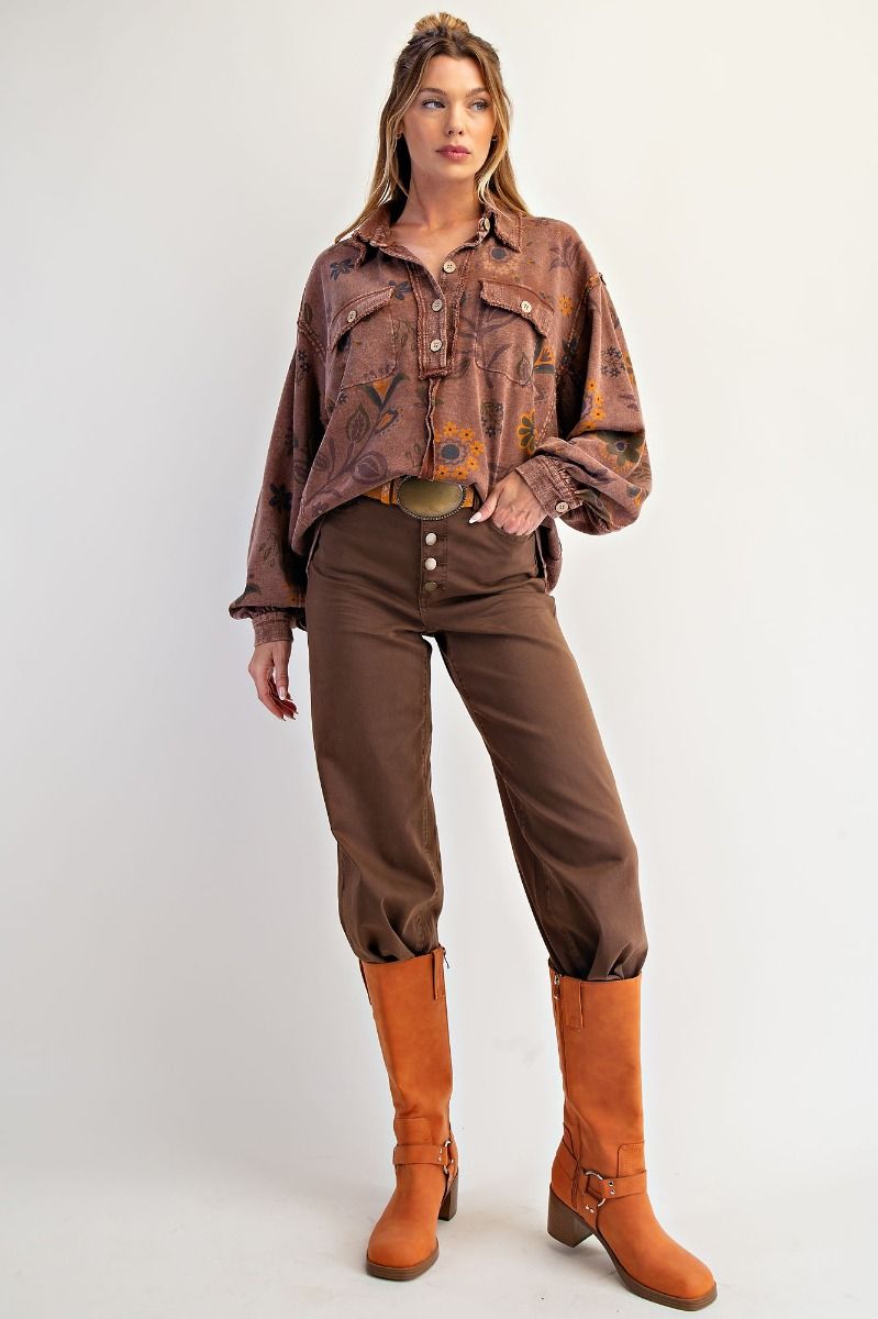 FLORAL PRINTED WASHED TERRY PULLOVER SHIRT-Chocolate