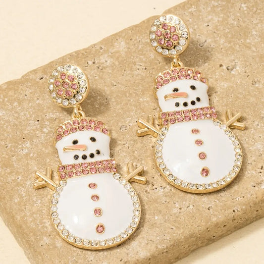 Pink Gold Enamel Pave Snowman  Earrings