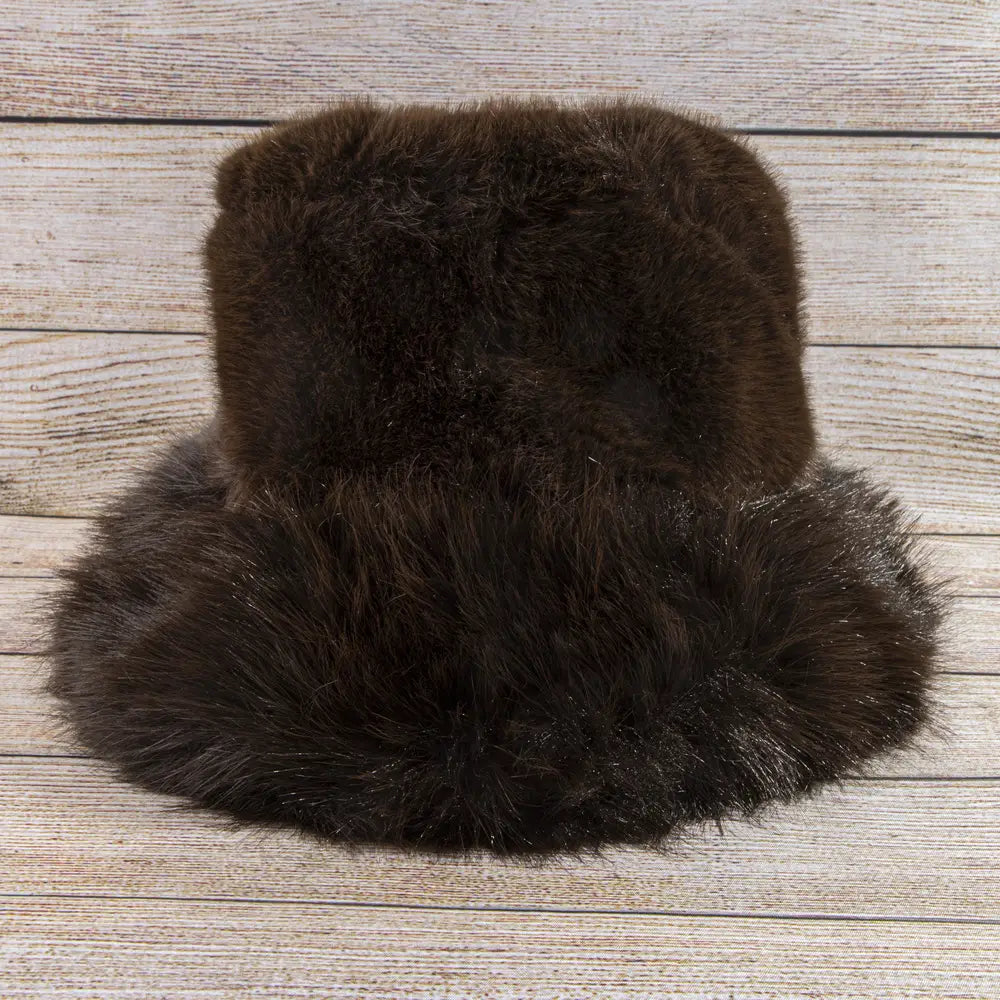 Fluffy Plush Fur Bucket Hat-Coffee