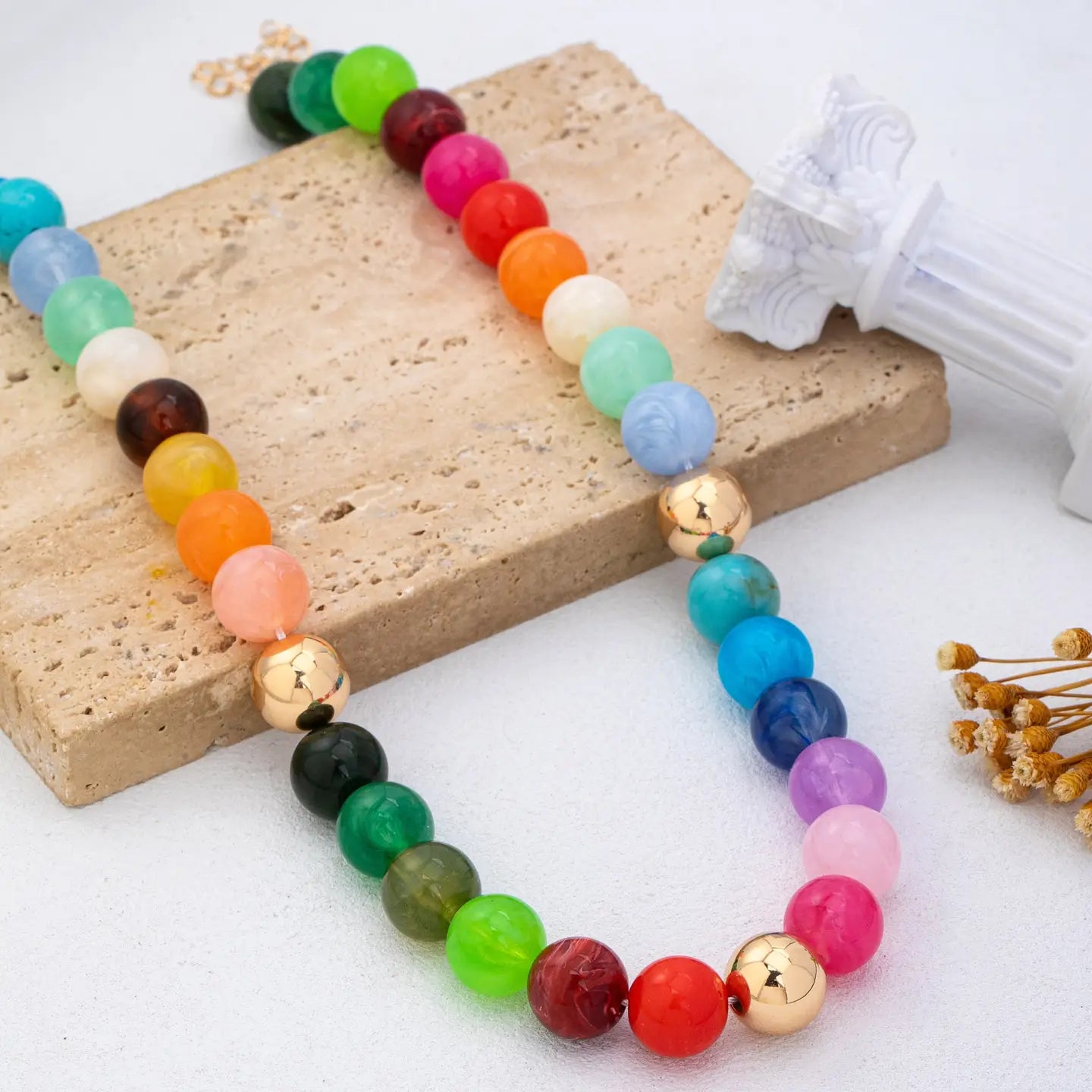 Rainbow Marbled Resin Bead Necklace