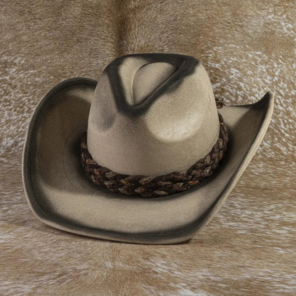Braided Band Suede Cowboy Hat-Khaki