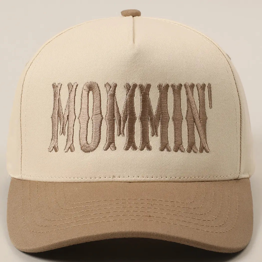 Mommin' Letter Embroidery Two-Tone Trucker Hat-Beige