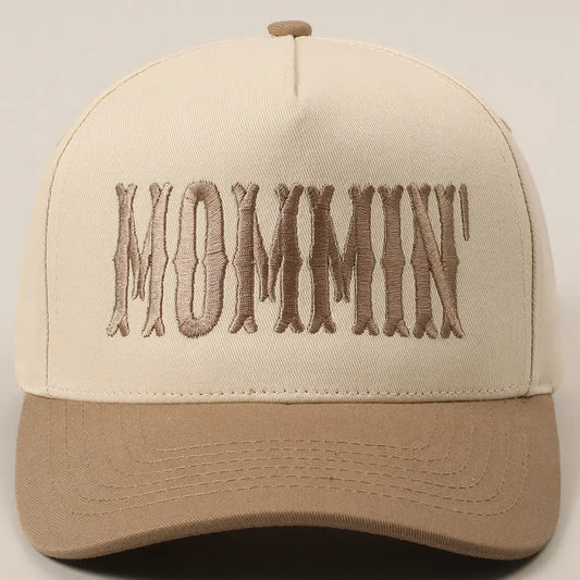 Mommin' Letter Embroidery Two-Tone Trucker Hat-Beige