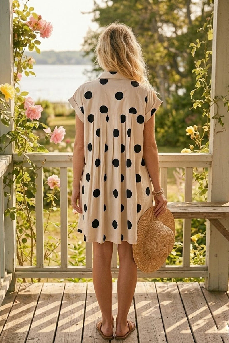 Lolli Polka Dot Button Down Pleated Poplin Mini Dress-Cream/Navy