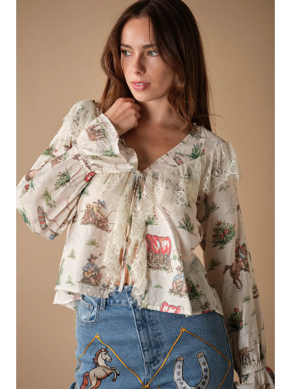 Western Lace-Trim Printed Blouse