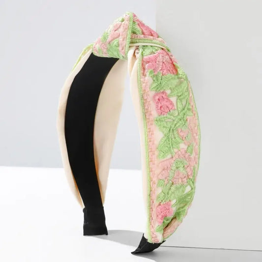 Floral Cottagecore Embroidery Headband-Pink Green