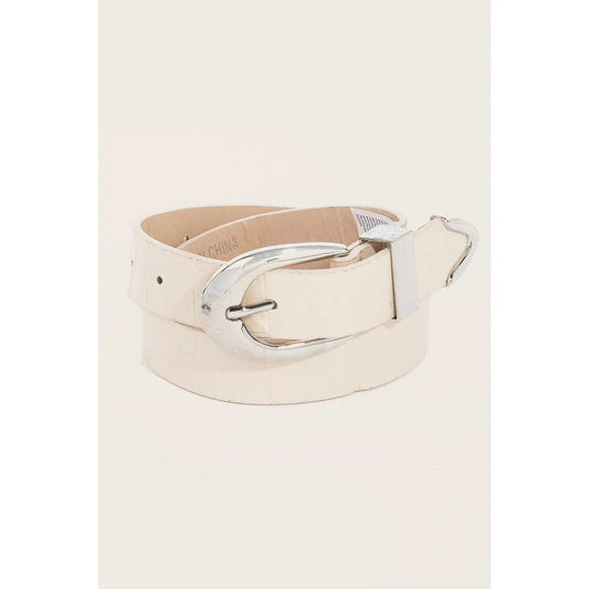 Alligator Skin Detail Vegan Leather Belt-Ivory