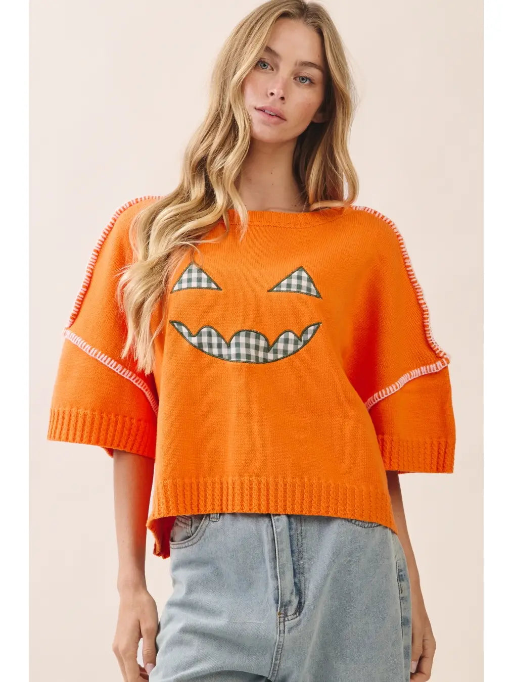 Jack-O'-Lantern Gingham Appliqué Sweater