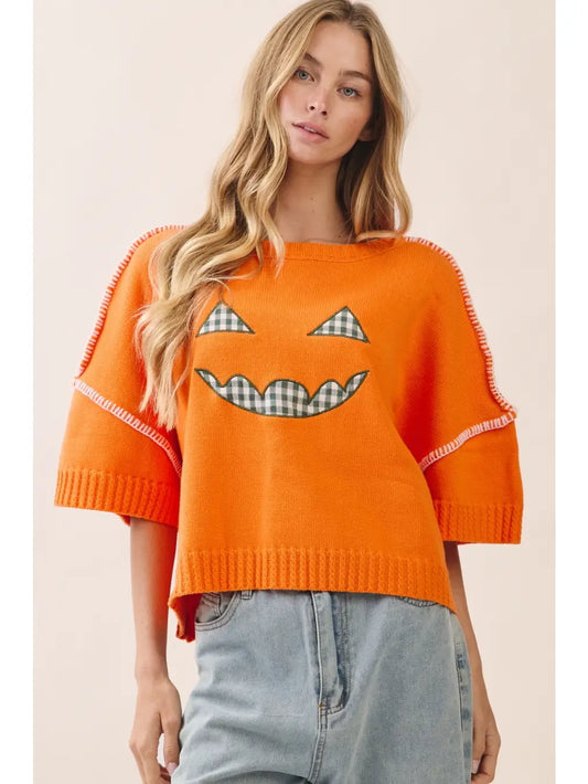 Jack-O'-Lantern Gingham Appliqué Sweater