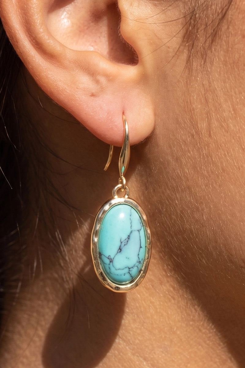 Semi Precious Stone Oval Bezel Drop Earrings-Turquoise Gold