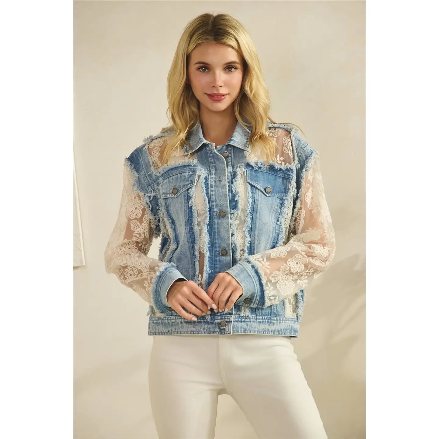Denim Jacket with Floral Organza Inset