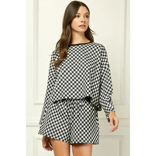 Checker Jersey Long Sleeve Top-Black