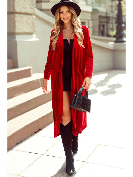 Velvet Open Front Pocketed Long Duster-Fiery Red