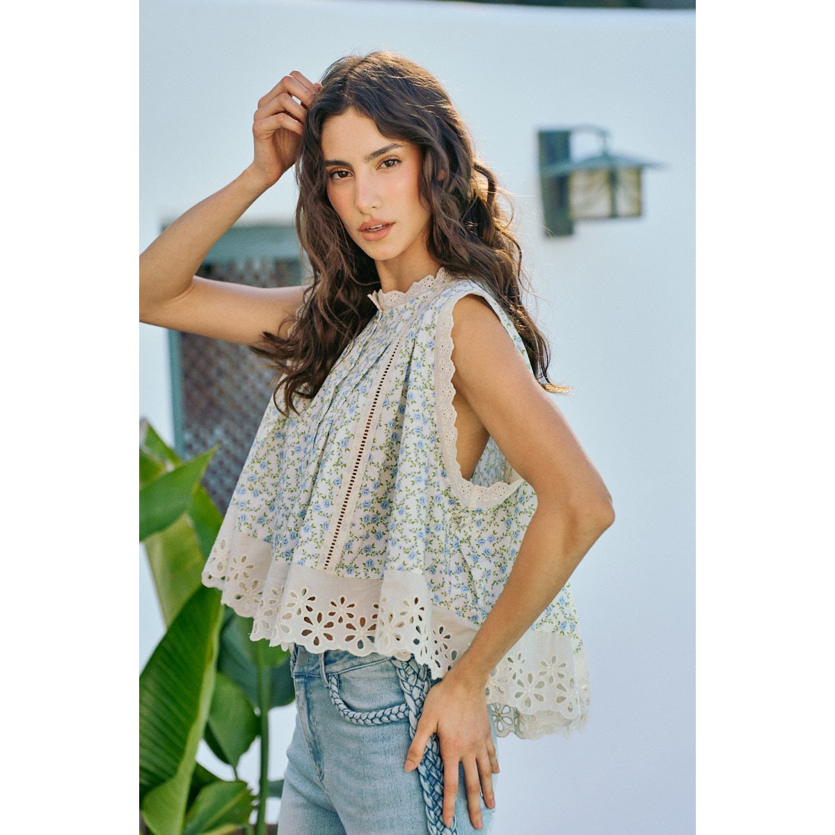 Wrenley Floral Print Woven Button Down Trimmed Blouse Top-Ivory/Blue