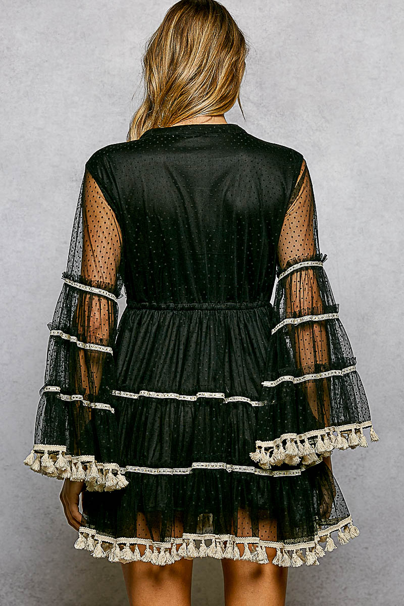 Split Embroidery Tassel Detail V-Neck Flared Short Dress-Black
