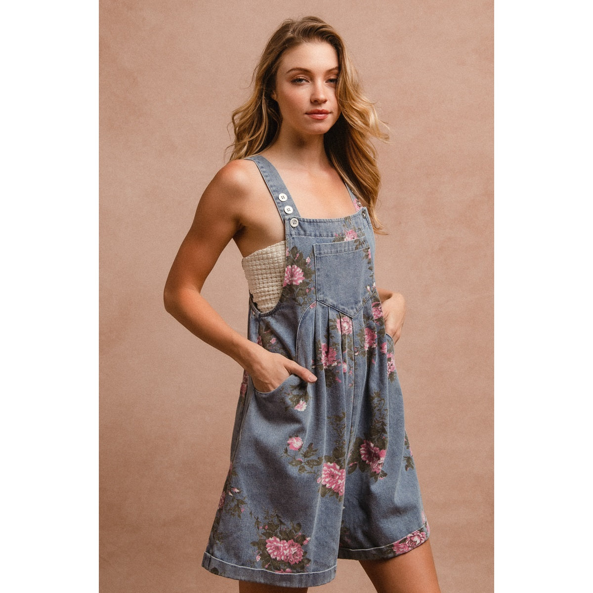 Flower Print Washed Denim Wide Leg Shortalls