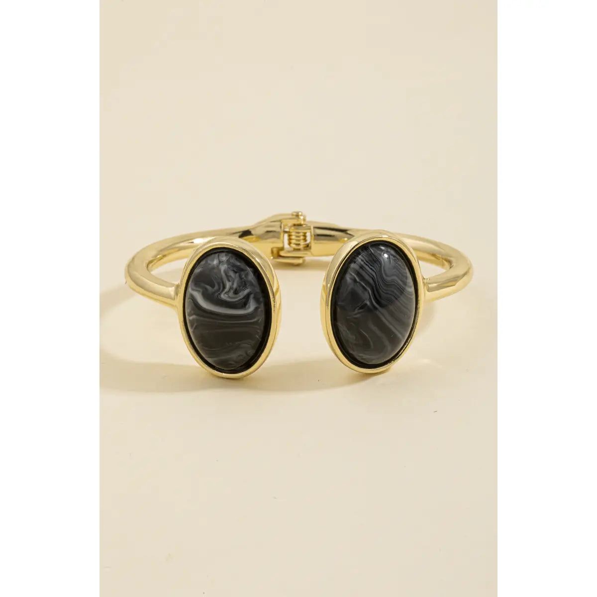 Double Cabochon Open Cuff Bracelet-Black