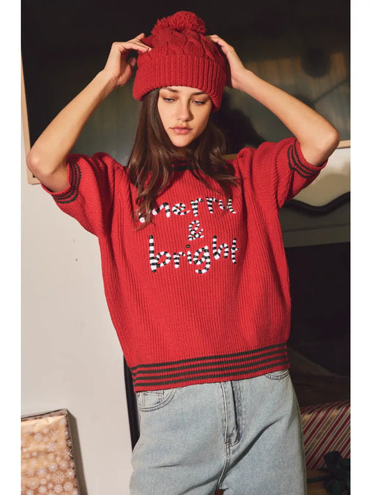 Merry & Bright Knitted Puff Sleeve Sweater-Red