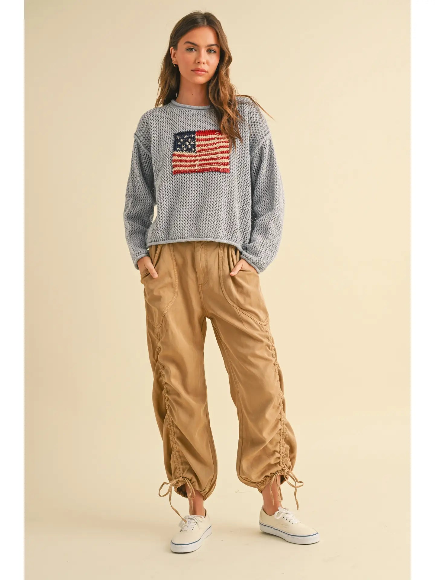 Flag Knitted Sweater Top-Blue Gray