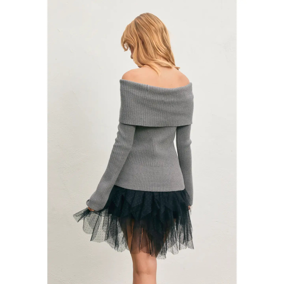 Foldover Off the Shoulder Sweater-Gray