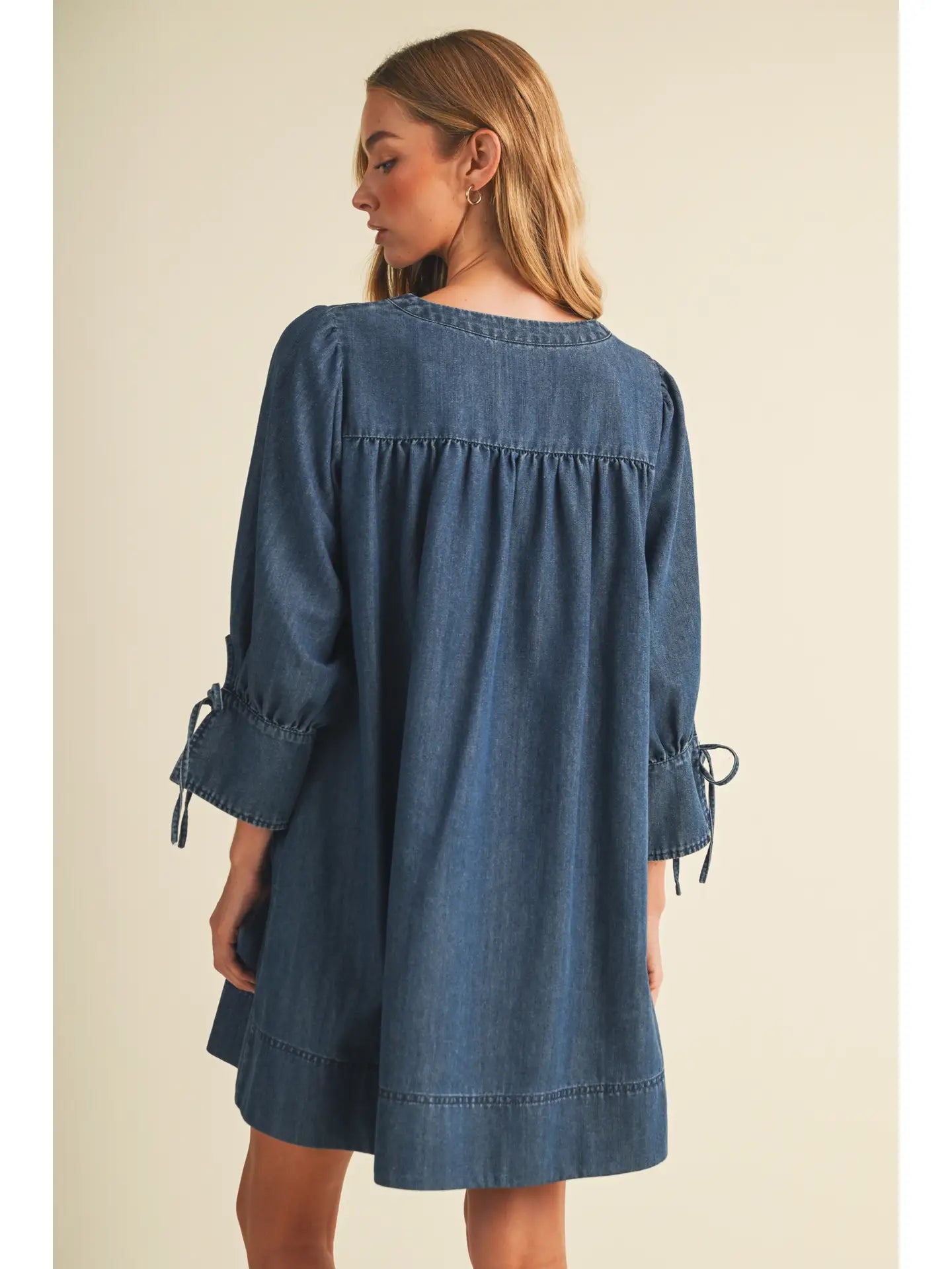 Square-Neck Smocked Denim Trapeze Dress