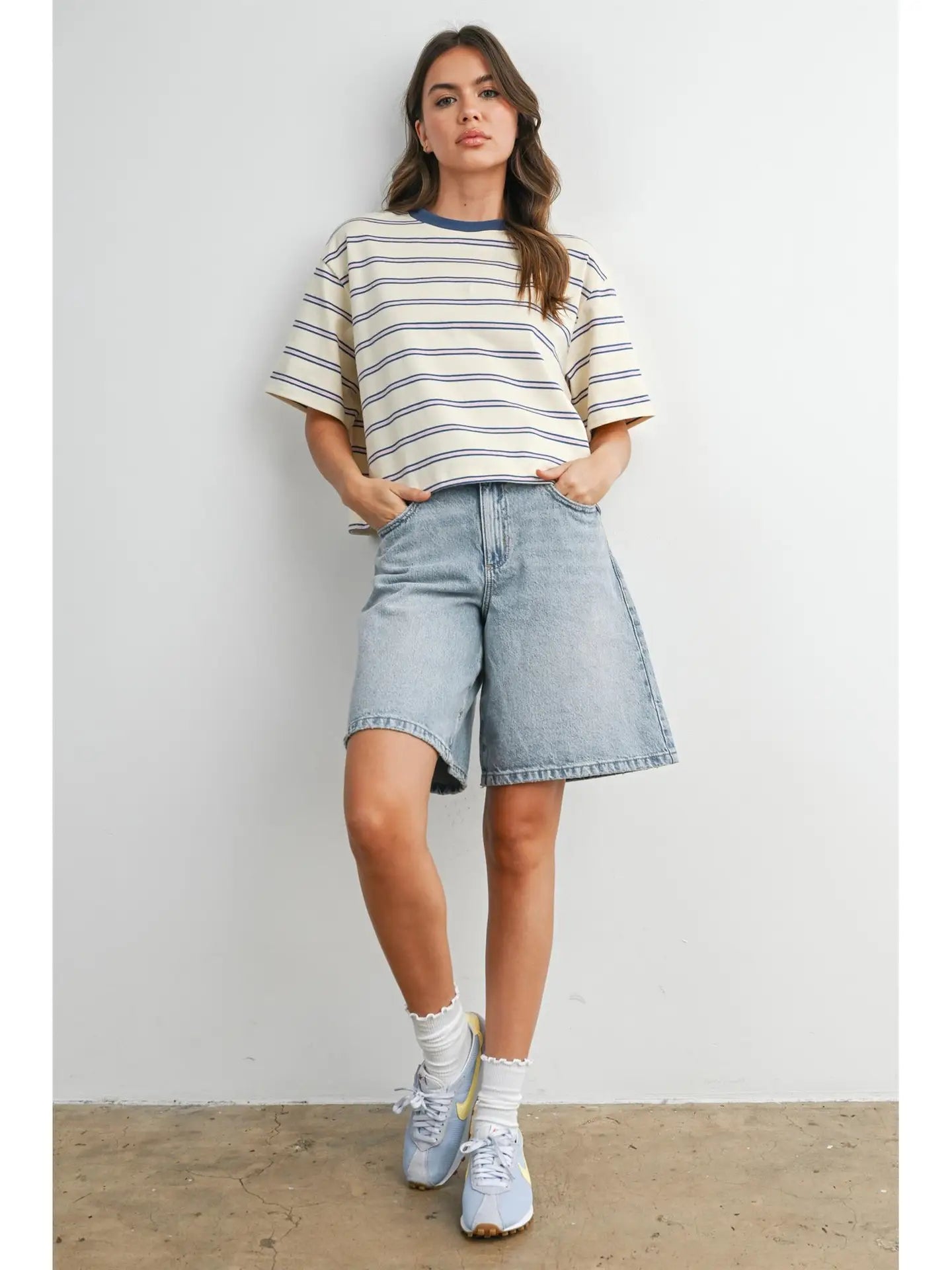 Striped Boxy Cropped T-Shirt-Ivory Blue