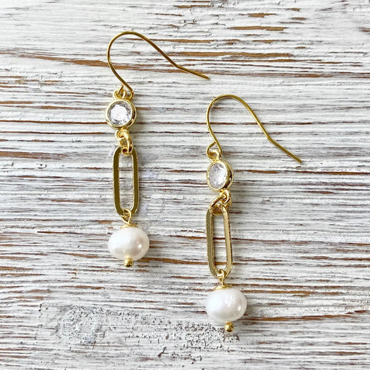 Boutique Pearl Earrings Paperclip Chain, Gold Pearl