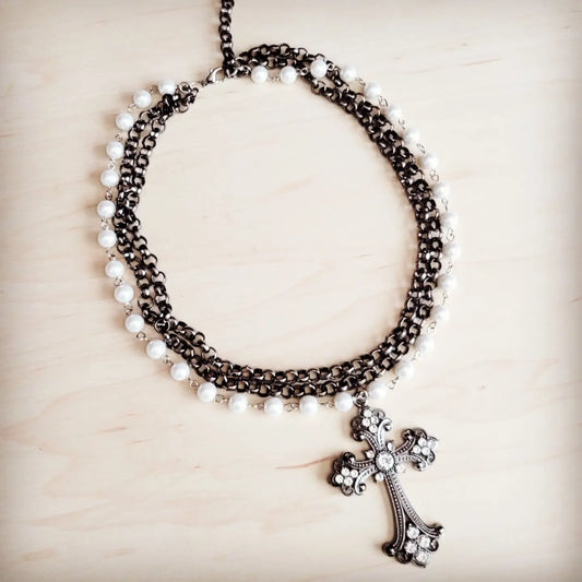 Gunmetal and Pearl Bead Multi-Strand Collar Necklace w/ Cross Pendant