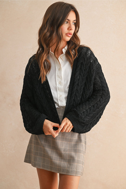 Wednesday Light Weight Cable Knitted Cardigan-BLACK