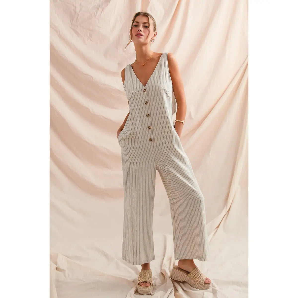 Sutton Button Front Stripe Linen Blend Jumpsuit Overalls-Oatmeal/Black
