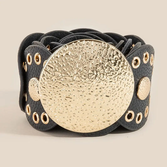 Hammered Disc Accent Faux Leather Panel Link Belt-Black Gold