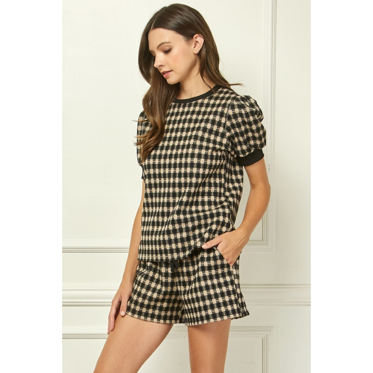 Checker Knit Puff Sleeve Top