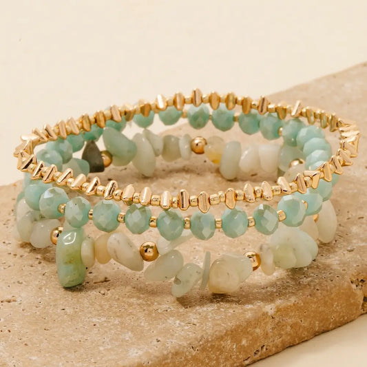 Glass Stone and Metallic Beaded Bracelet Set