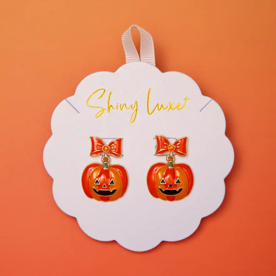 Halloween Pumpkin Post Dangle Earrings with Bow