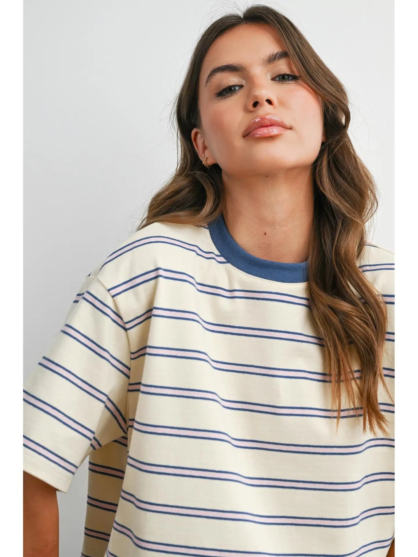 Striped Boxy Cropped T-Shirt-Ivory Blue