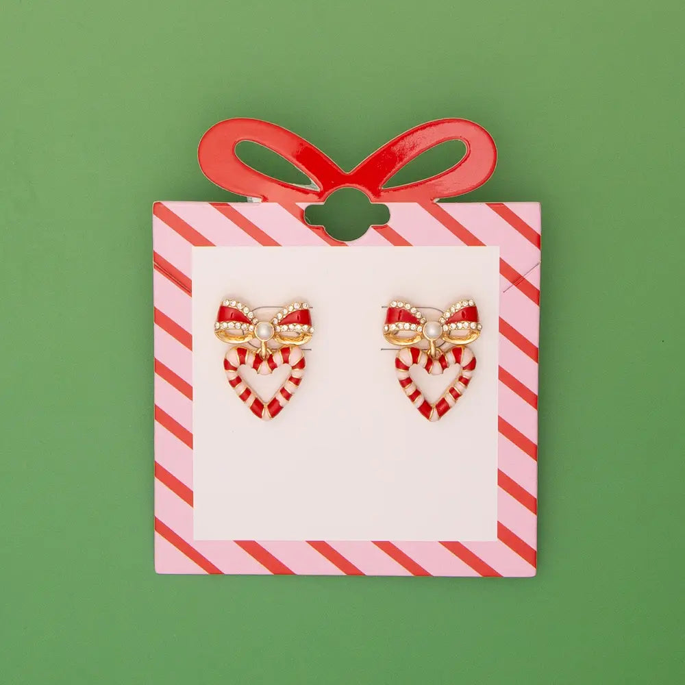 Christmas Striped Candy Enamel Bowed Heart Post Earring-Red
