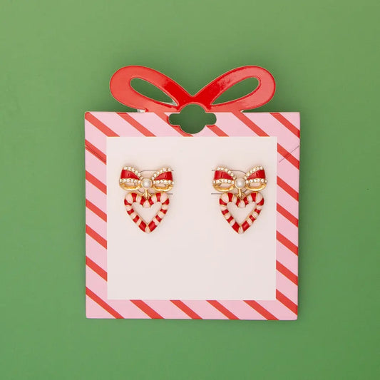 Christmas Striped Candy Enamel Bowed Heart Post Earring-Red