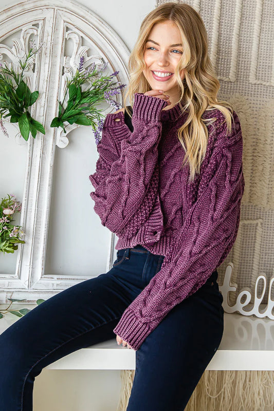 Jensen BUTTON FRONT LONG SLEEVE CROPPED SWEATER-Eggplant