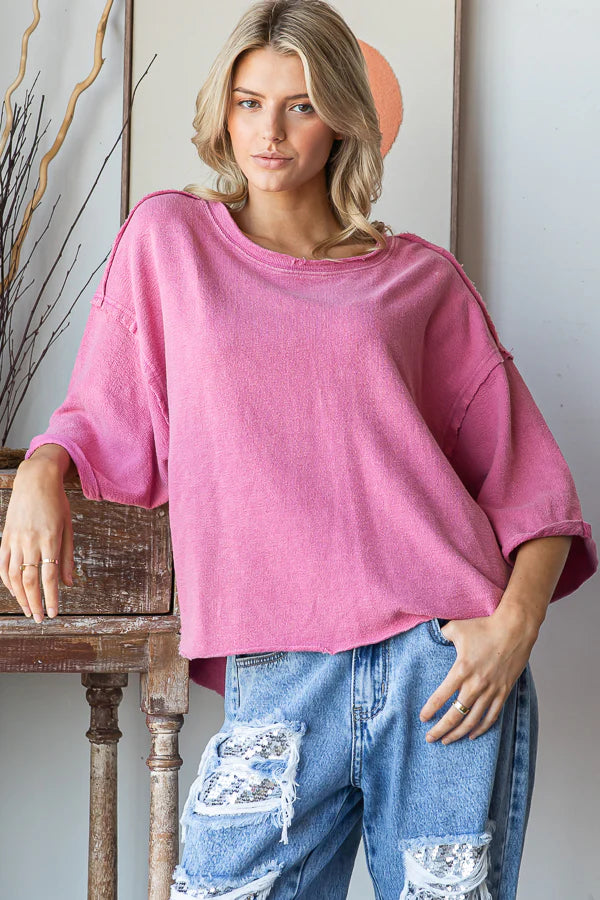WASHED DROP SHOULDER RELAXED CROPPED TOP-Pink