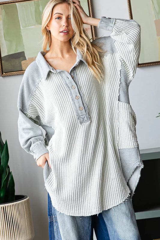 Georgie  WASHED COLLARED NECK LONG SLEEVE WAFFLE TOP