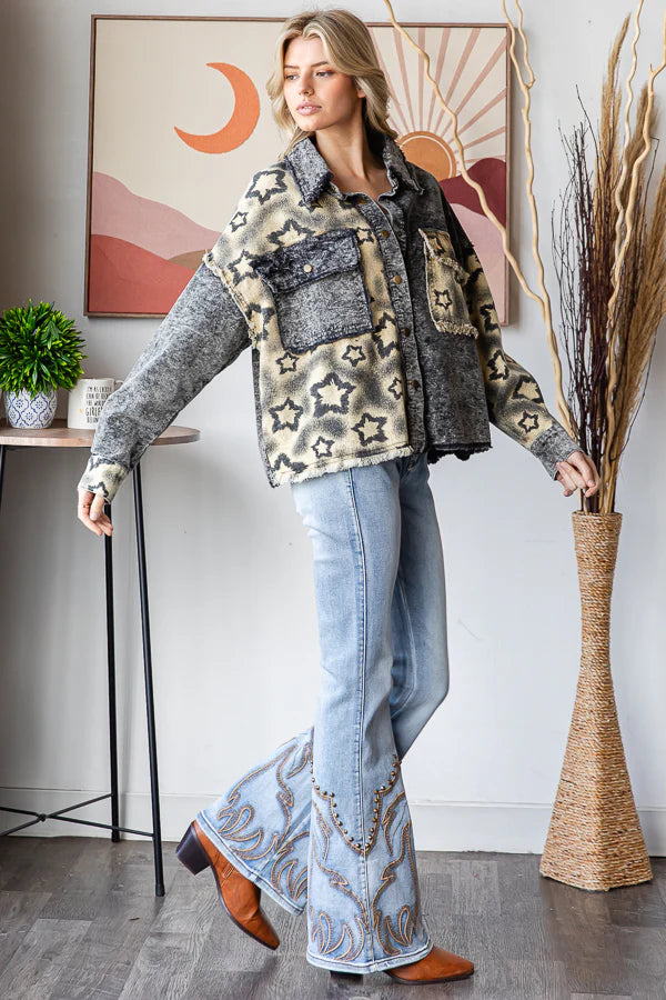 Idina WASHED STAR PRINT CORDUROY MIX JACKET-Black